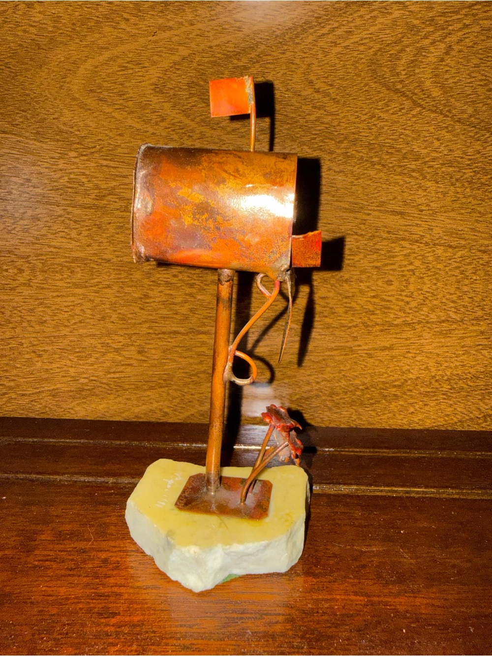 Handmade Metal Mailbox Sculpture on Stone Base - Decorative Home Art